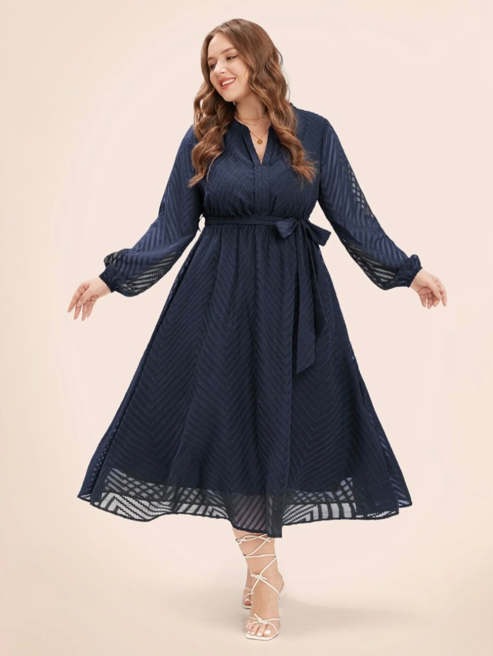 BloomChic Navy Geometric Mesh Lantern Sleeve Midi Dress Pockets 2X 18 20